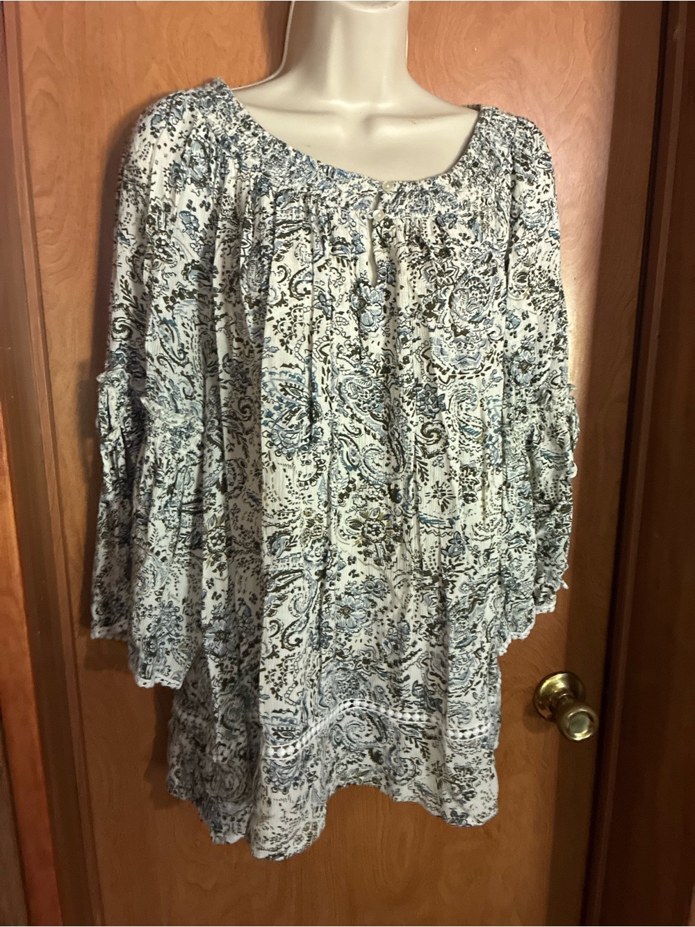 Boho Paisley Peasant Top in Cream and Blue